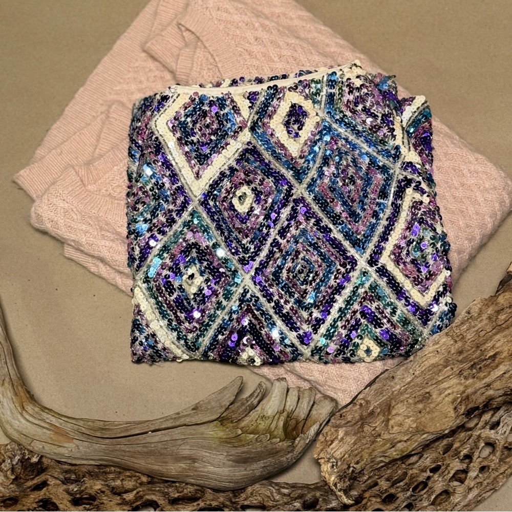 100 Silk% Vintage Sequined Skirt Colorful Sequin Patterned